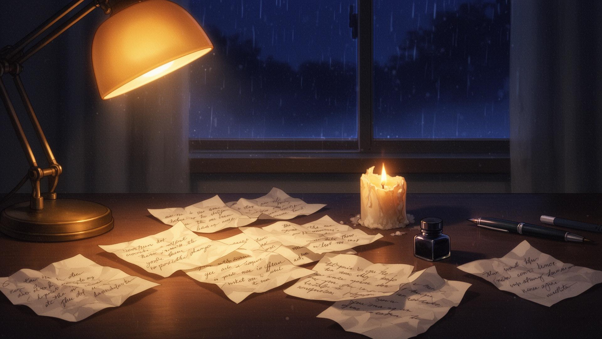 Crumpled handwritten confession notes scattered under warm amber lamp light