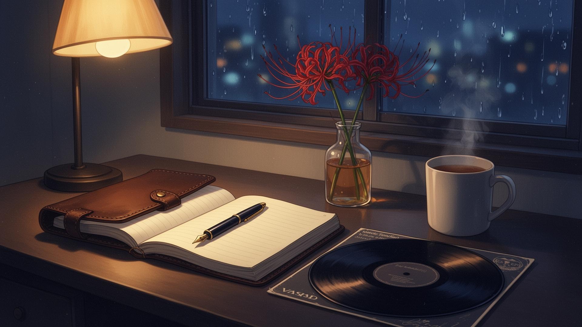 Spider lilies on a wooden desk beside a Daniel Caesar vinyl, lit by warm late-afternoon light