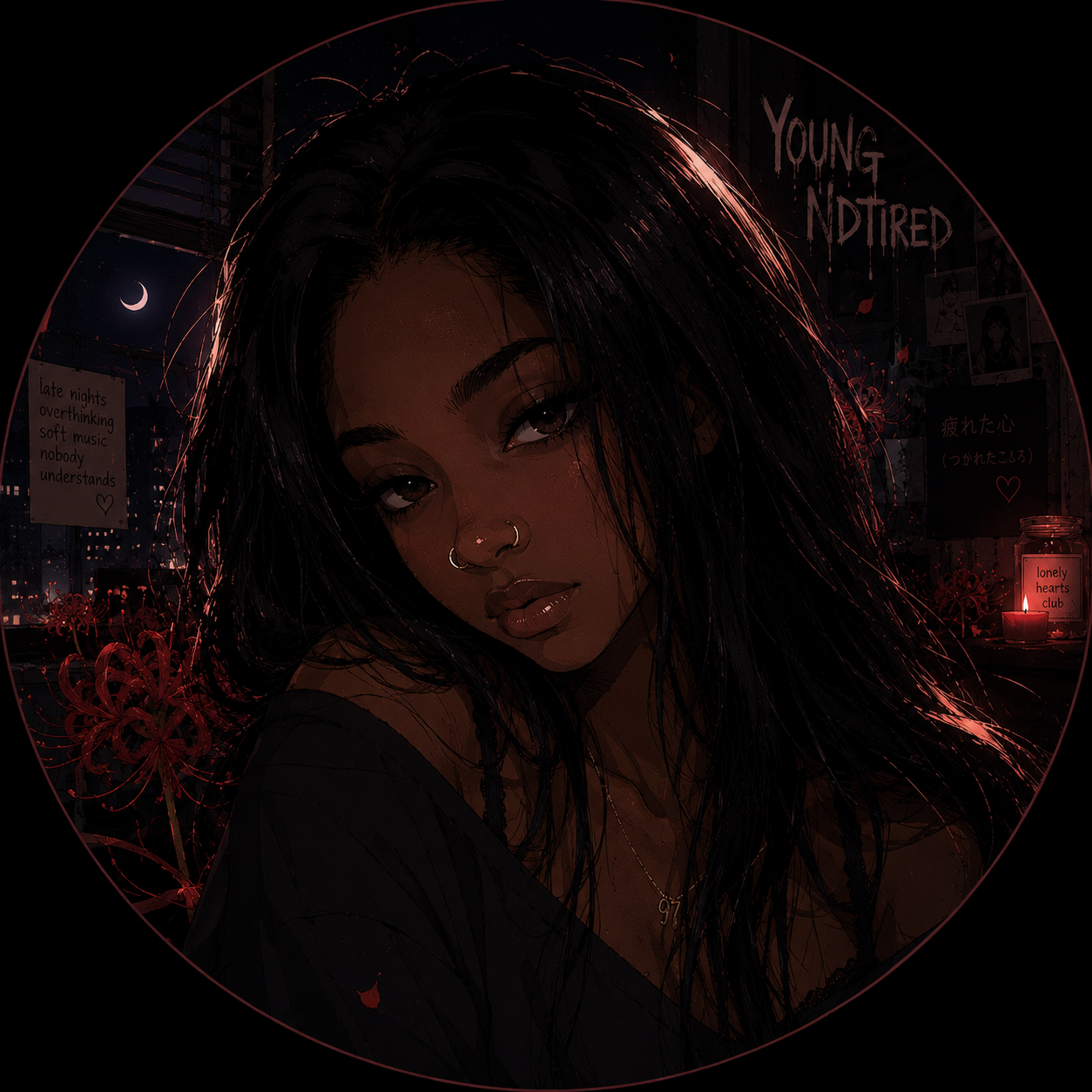 Portrait of the writer behind Youngndtired — dark hair, soft red glow, spider lilies